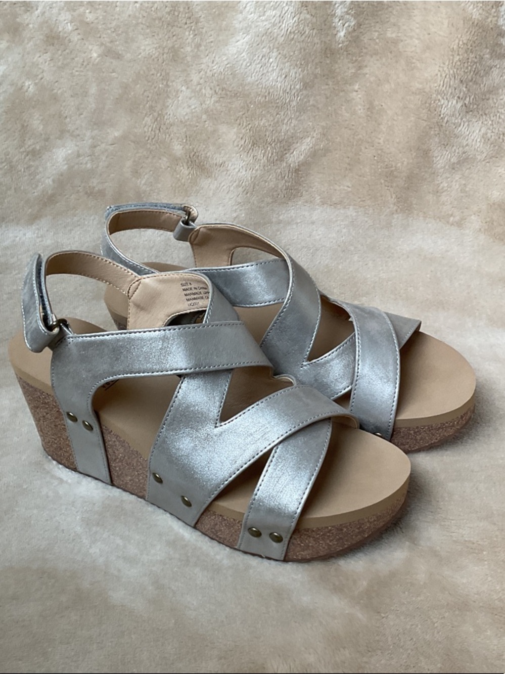 Volatile Metallic Silver Crisscross Wedge Sandals - Women’s Size 8